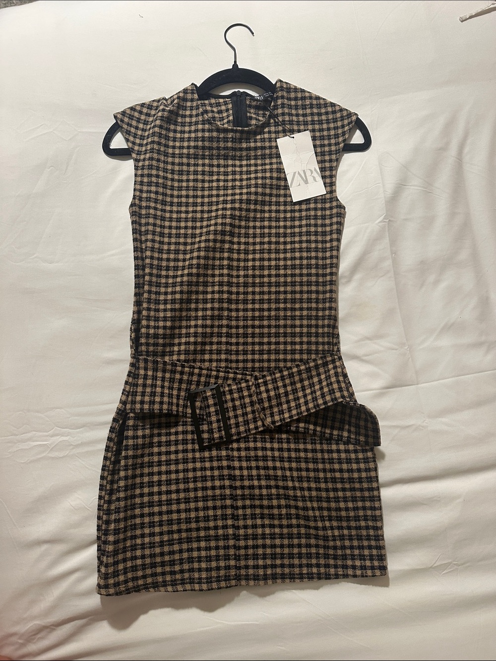 Zara Women’s Black and Tan Checked Belted Mini Dress